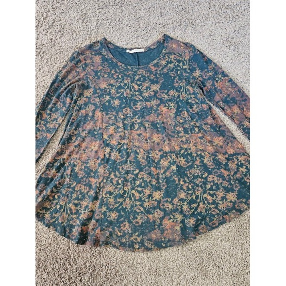 Peruvian Connection Tunic Top Women XS Small Blue Floral Pima Cotton Blend Shirt - Picture 2 of 7